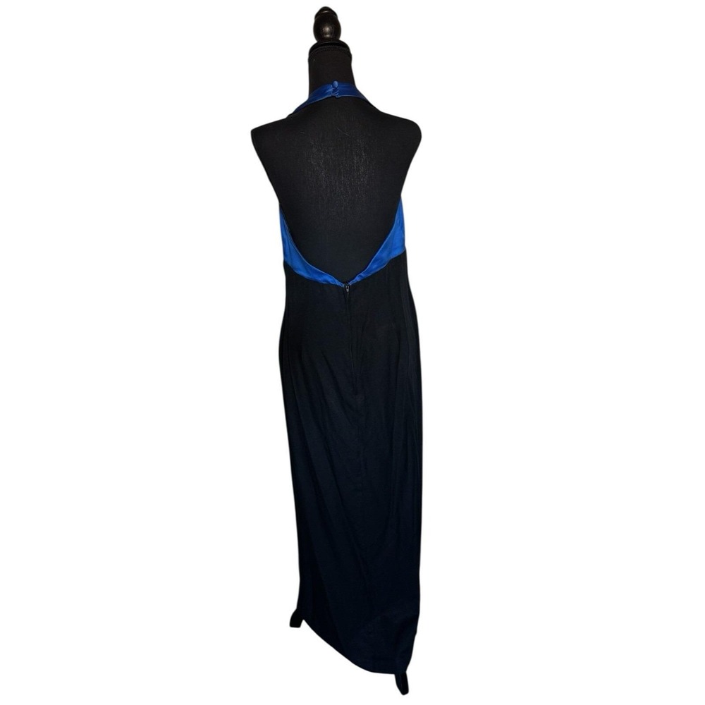 Halter Maxi Dress Blue Black Beaded Pearl Accent Formal Vintage Prom Y2K 32" wst - Picture 2 of 10